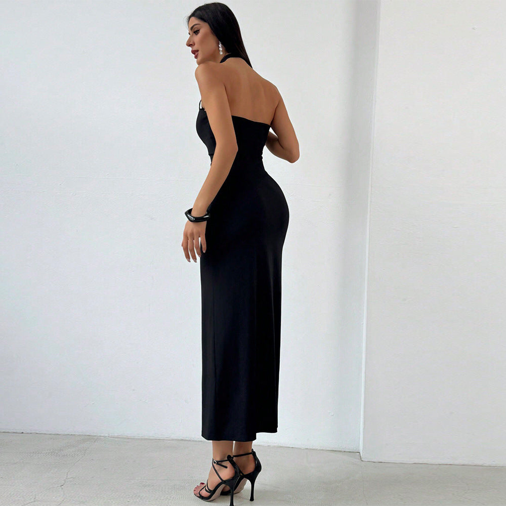 summer pure desire style halter backless high waist hip cover long skirtpure colorknittingsilmfashion cross-border dress