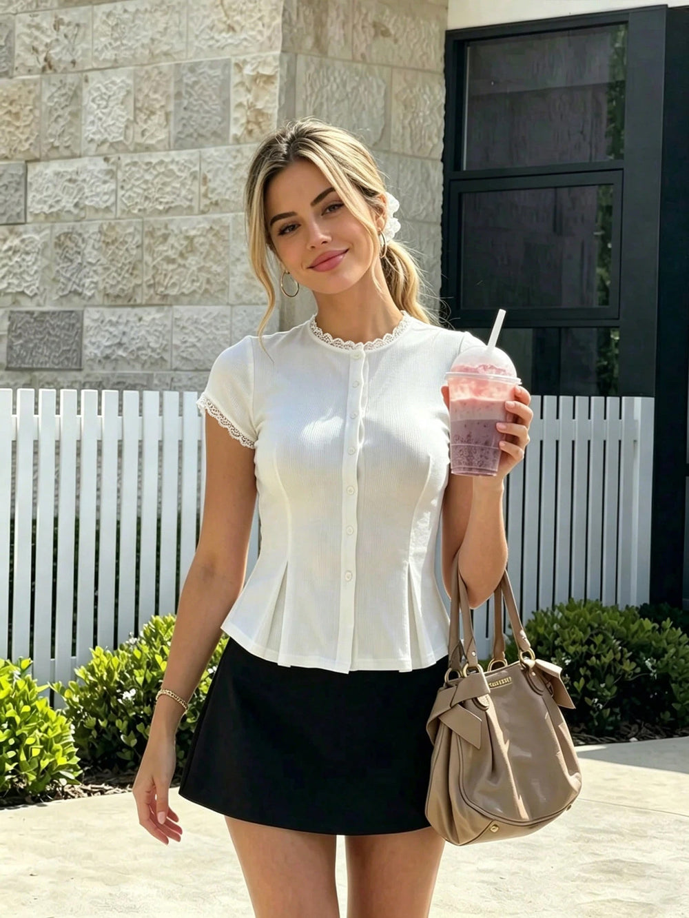 new lace trim short sleeve top - women's single-breasted, waist-defining, slimming, versatile t-shirt