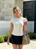 new lace trim short sleeve top - women's single-breasted, waist-defining, slimming, versatile t-shirt
