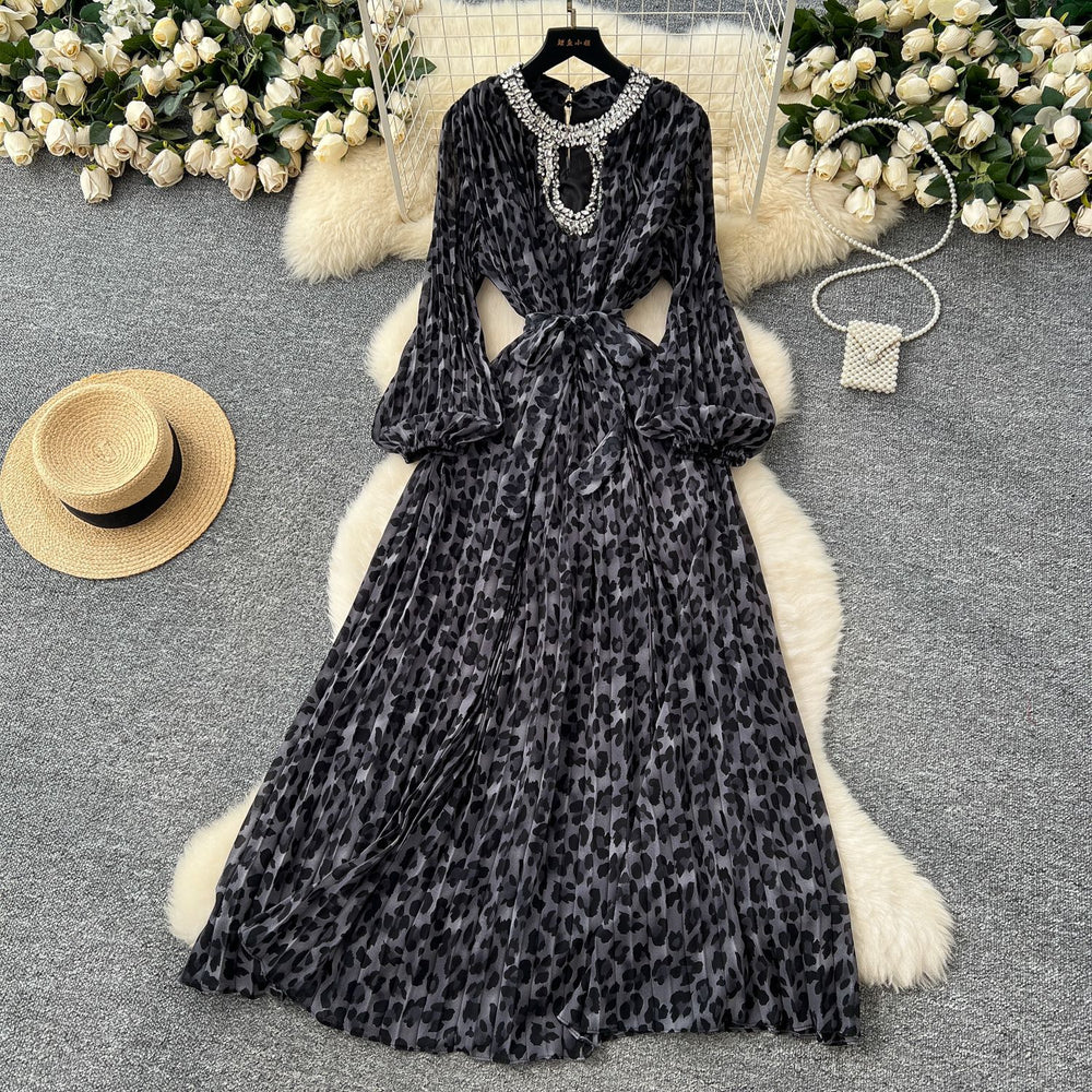 Luxury european and american style leopard print puff sleeve dress - women's summer belted slimming diamond-accented hot girl maxi dress