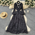 Luxury european and american style leopard print puff sleeve dress - women's summer belted slimming diamond-accented hot girl maxi dress