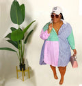 European and american plus size curvy women's  colorful striped patchwork single-breasted cardigan long sleeve stand collar women's shirt