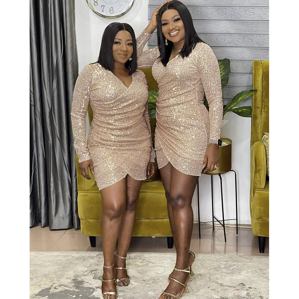 african plus size women's clothing: sexy v-neck bodycon mini dress with sequins - perfect for , , and european & american markets