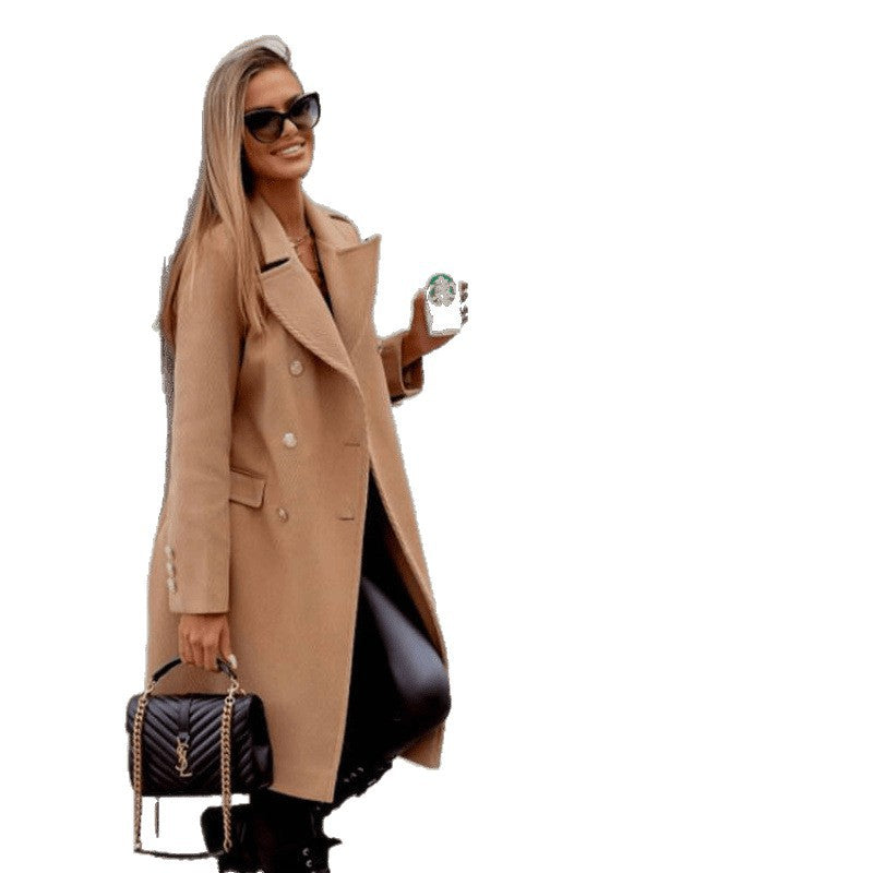e-commerce european and american women's clothing   spring double-breasted mid-length woolen casual coat