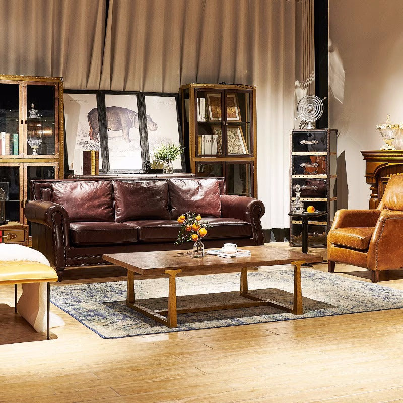 Second-hand style european and american style genuine leather sofa living room retro oil wax first layer cowhide straight row down living room rivet sofa