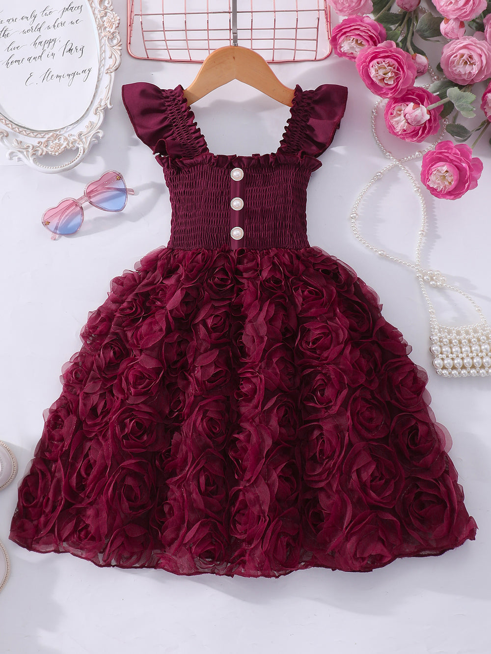 Girls' (toddler) dress, summer solid color flutter sleeve 3d rose ruched dress