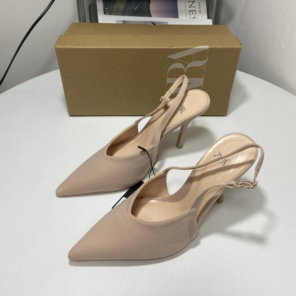 Zar 2024 spring/summer new arrivals women's shoes: satin pointed-toe peep-toe mules with open back and thin straps - ethereal and elegant