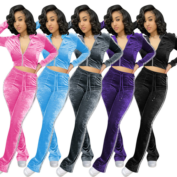 YD8656--A8 European and American women's clothing,  new models, solid color Phnom Penh golden velvet, casual wide-leg pants two