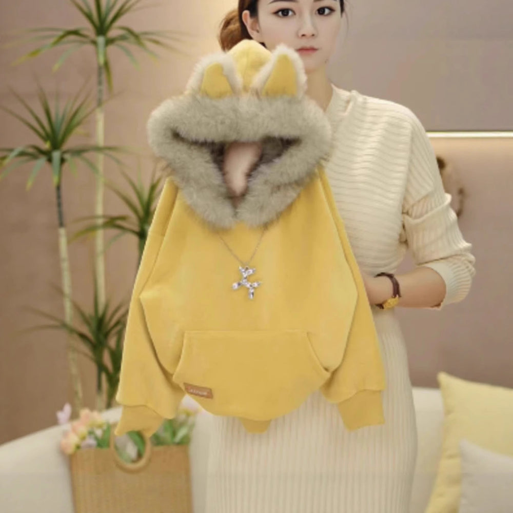 Processing personalized youthwinterfleece-linedthickened hooded sweatshirtgirltrendy fox style fur collar single tops