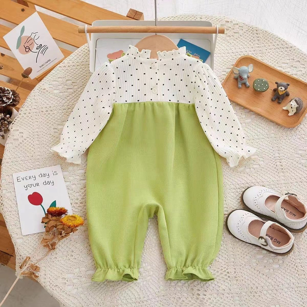 Baby girl's autumn outfit: polka dot & 3d floral long-sleeve romper - newborn infant clothes, super cute new style, trendy onesie