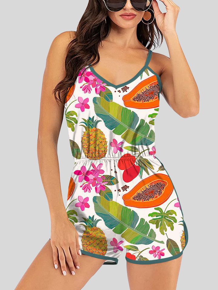 new women's sleeveless v-neck printed cami romper with elastic waist - cross-border  style activewear