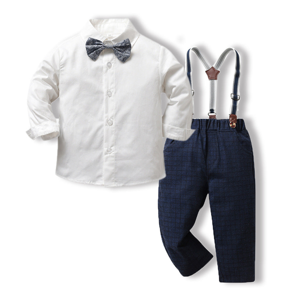 Wholesale children's clothing: new autumn long-sleeve white shirt with tie and overalls - stylish korean style formal wear for kids