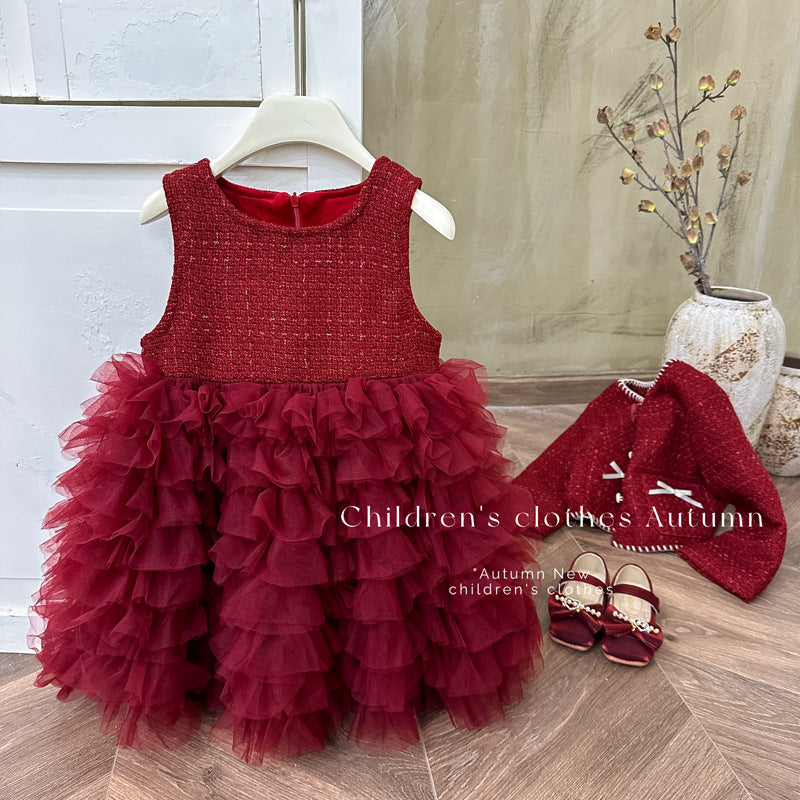 【custom wholesale】girls' dress  winter red fashionable princess dress first birthday outfit fleece-lined vest dress