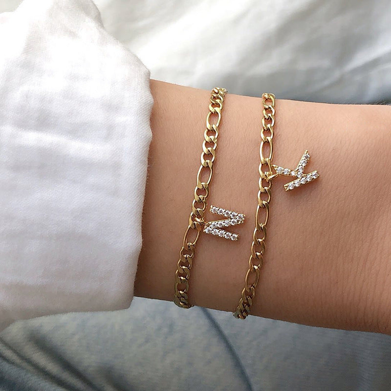 Minimalist micro-paved zircon stainless steel chain letter couple bracelet - 26 english alphabet pendant - lightweight luxury niche design