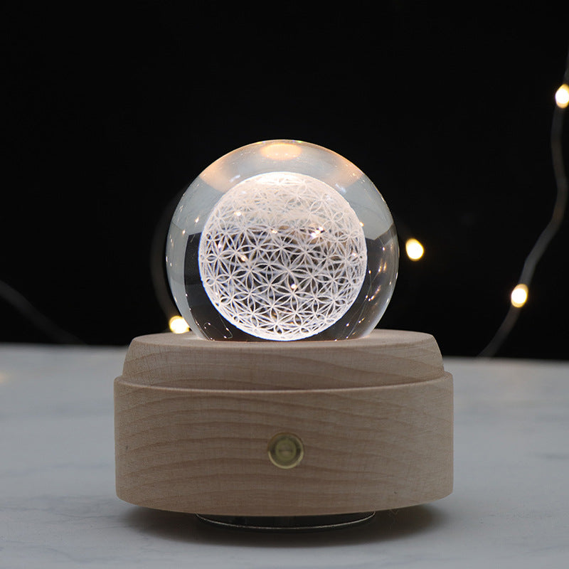 Touch dimming charging night light 3D crystal ball ambient light rotating music box bedroom ornament