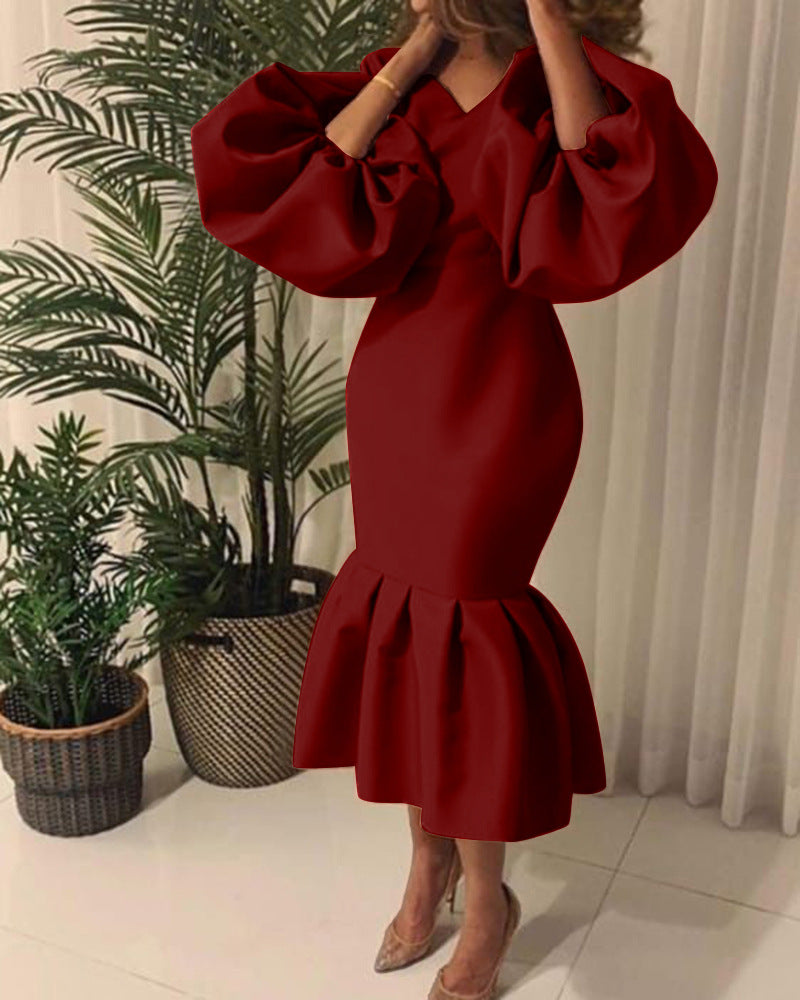D115 cross-border sourcing: african plus-size women's fashion - solid color v-neck bubble sleeve fishtail dress, european and american style evening gown