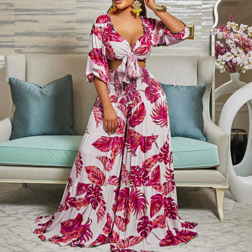 C8469 european and american  new arrival cross-border casual set: printed v-neck tie top and wide-leg pants - two-piece export set