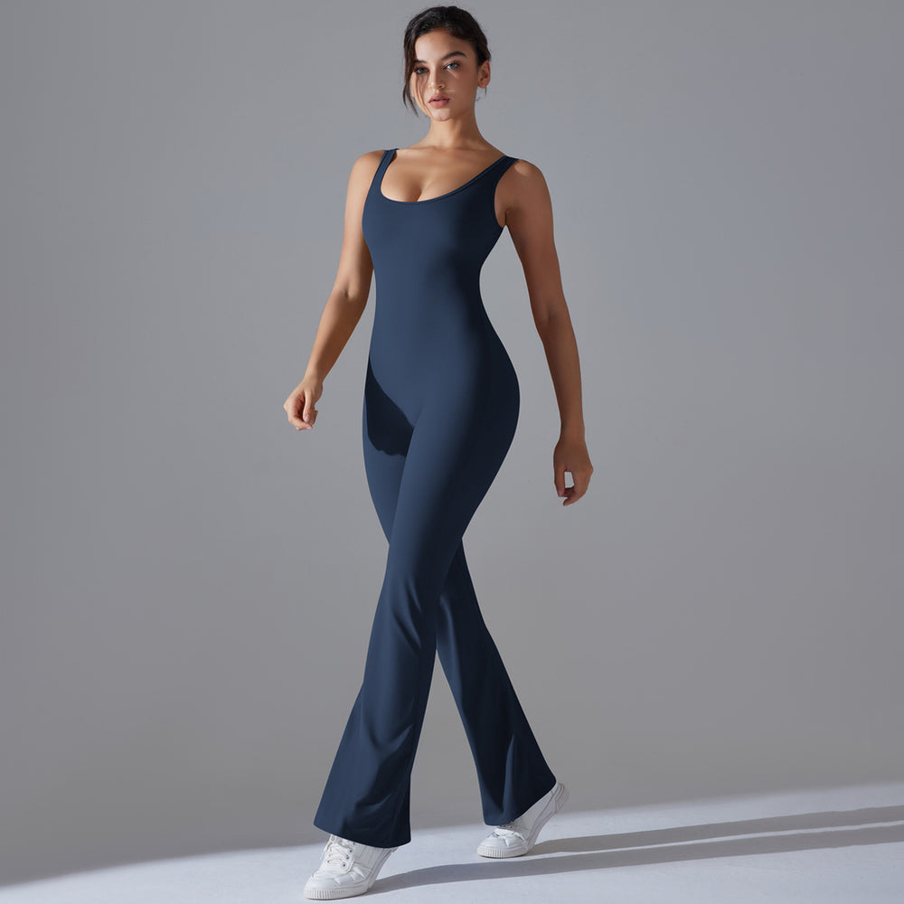New arrival cross-border pure color beautiful back hip lifting longsilm wide leg jumpsuit sports running fitness jumpsuit yoga wear