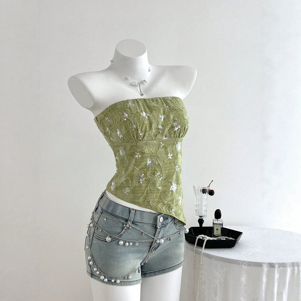 Ready-to-ship 73707#  cross-border fashion summer sheer sequin textured soft & elegant women's bandeau top