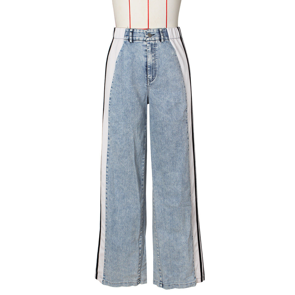 new european and american style fashion denim patchwork three-stripe wide-leg jeans casual stretch straight-leg trousers