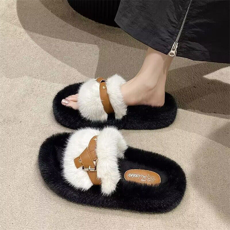 Thick sole fur slippers for women 2023new arrivalwinteroutwearpopularfashion cotton slippers classy sense plaid fur shoes
