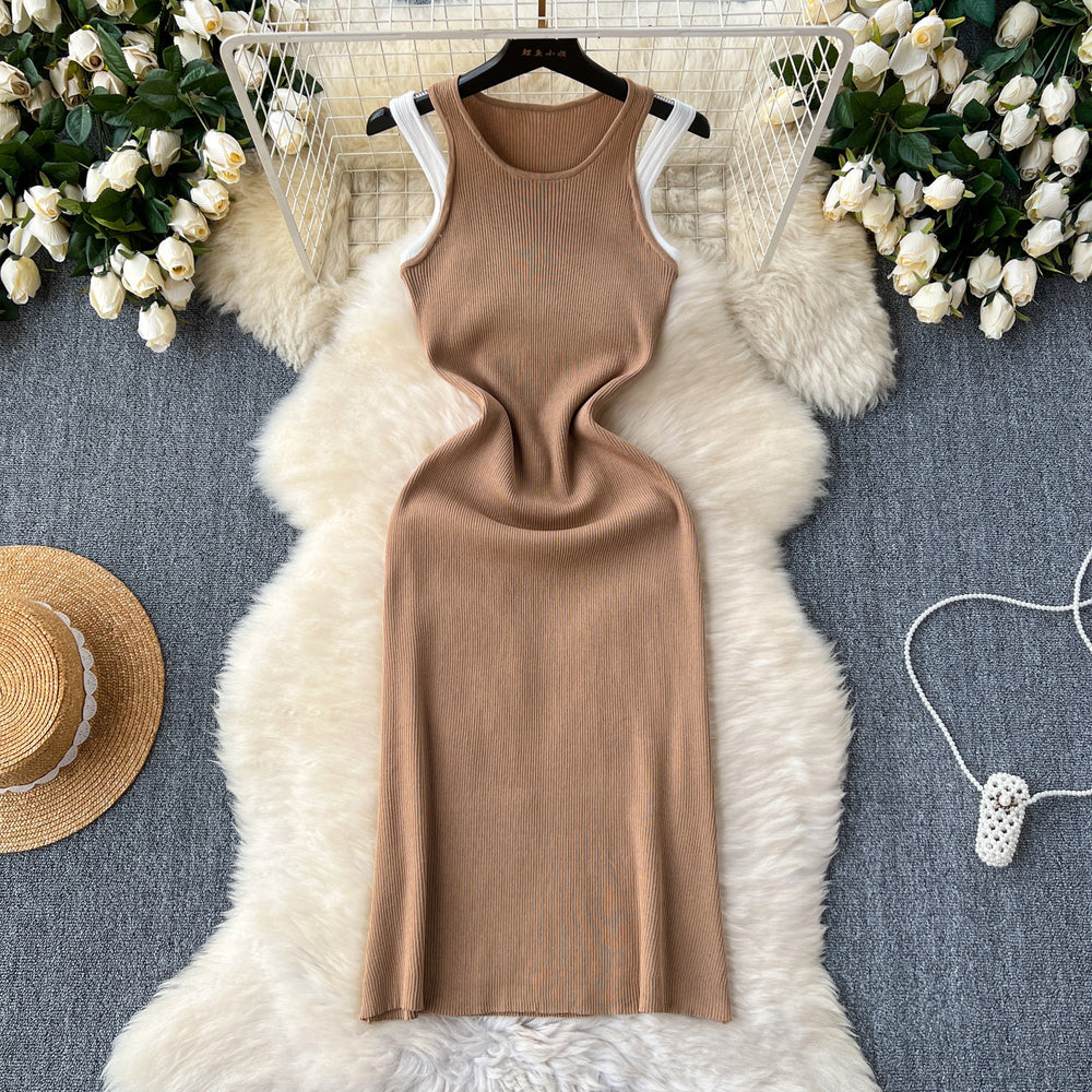Sense of designfake two-piecedressfemale heart-cut cut outhalter round neck sleeveless knitting hip-covering hot girl skirt