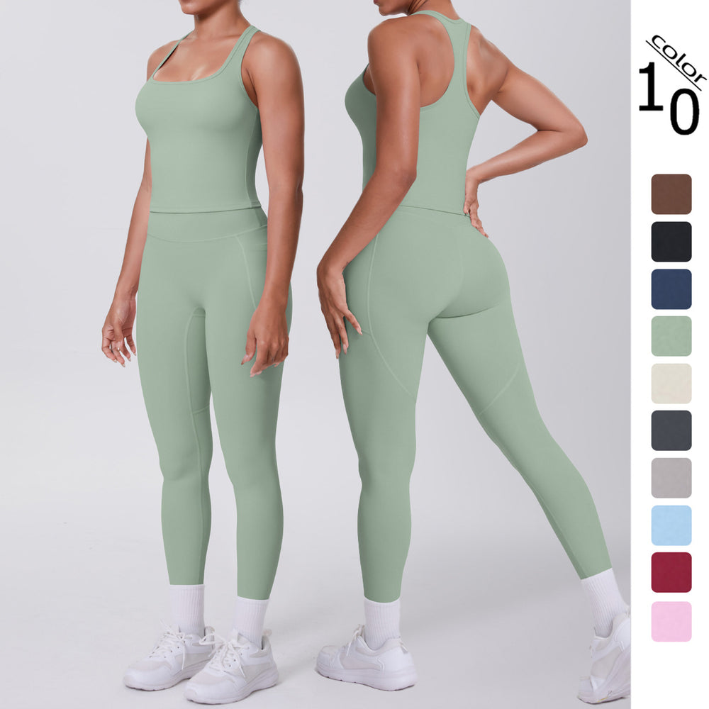 Naked-feel, form-fitting yoga set featuring a racerback design, high-waisted leggings with butt-lifting effect, and pockets. perfect for outdoor activities, casual wear, running, and gym workouts