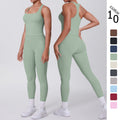 Naked-feel, form-fitting yoga set featuring a racerback design, high-waisted leggings with butt-lifting effect, and pockets. perfect for outdoor activities, casual wear, running, and gym workouts
