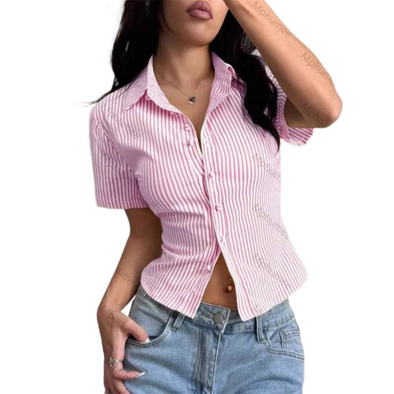 Amazon  summer new striped shirt for women - niche, versatile, casual, slim-fit, and flattering short-sleeve top