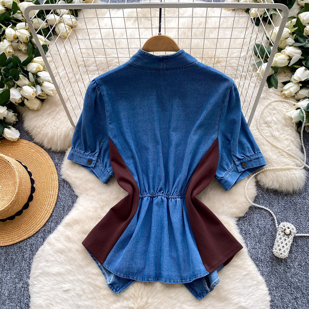 French work clothing style v neckasymmetrical short-sleeved shirt for women with waist slimming looksense of design bluetopsaccessible luxury style