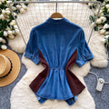 French work clothing style v neckasymmetrical short-sleeved shirt for women with waist slimming looksense of design bluetopsaccessible luxury style