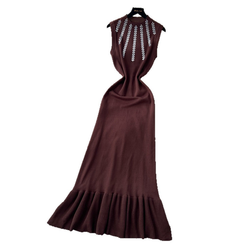 Luxury sleeveless halter neck diamond-embellished knit dress - women's summer high-waisted fitted mermaid dress - commute-friendly designer maxi dress