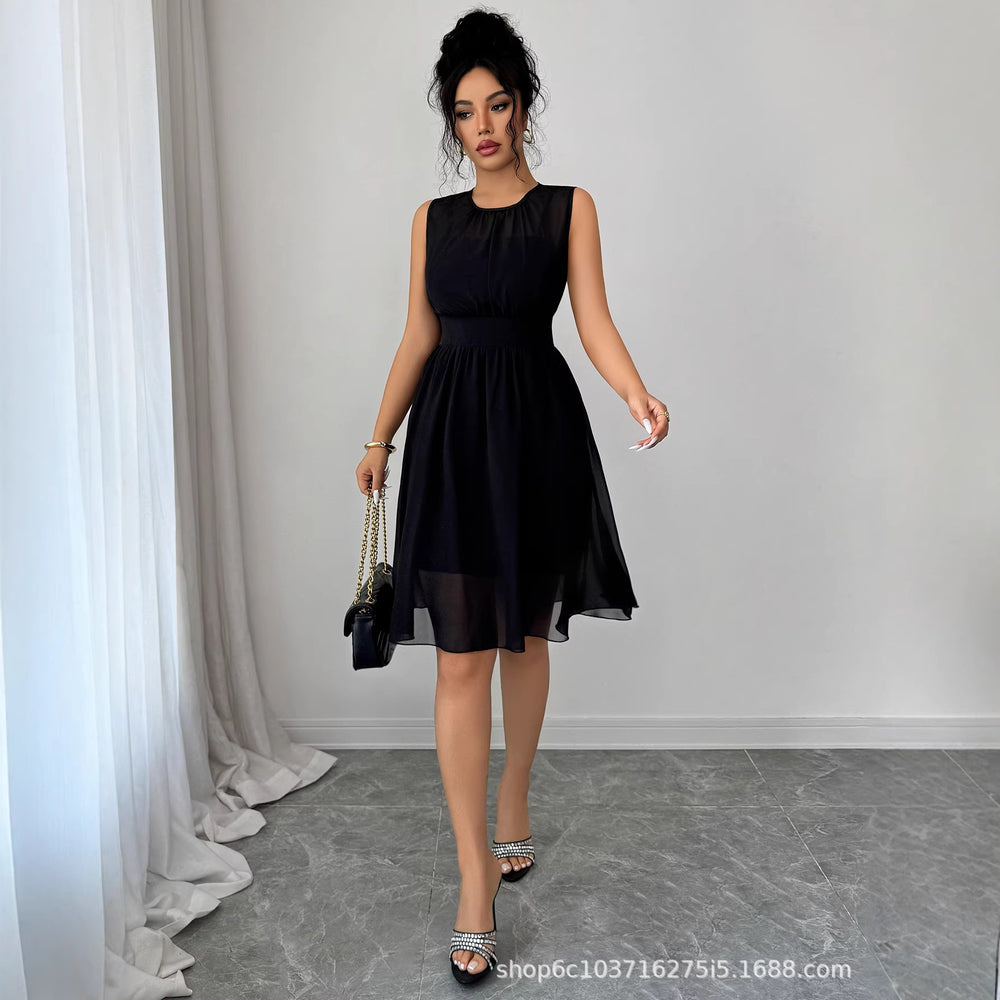summer new arrival: european and american style black sleeveless chiffon dress - women's slimming, figure-flattering design