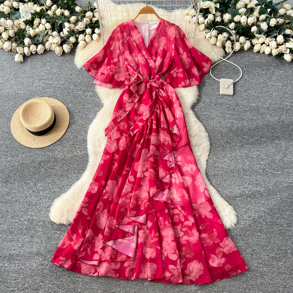 Women's spring dress : french chic tie-waist v-neck asymmetrical print chiffon maxi dress