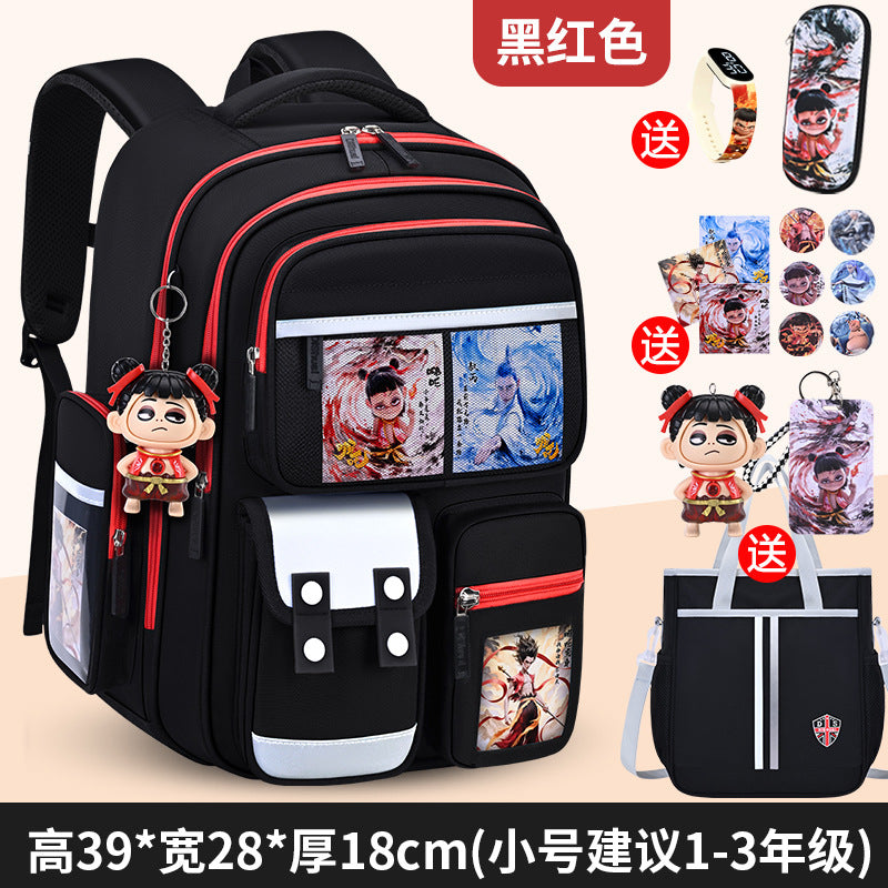 New nezha backpack for boys and girls, grades 1-6: spine protection, lightweight design, and extra-large capacity
