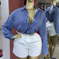 European and american cross-border women's clothing:  summer new arrival - elegant casual turn-down collar versatile striped loose long-sleeve shirt top