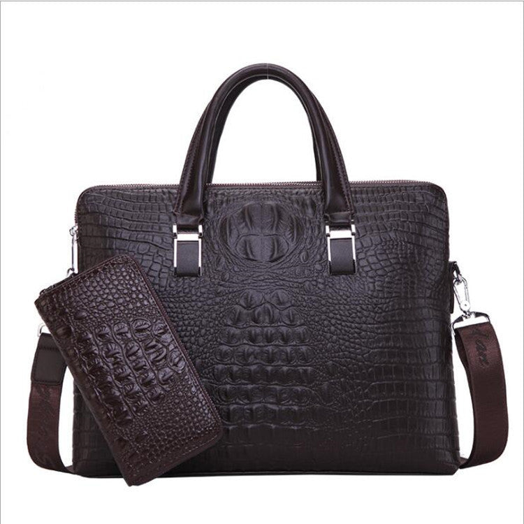 New men's bag crocodile pattern double pull handbag men's business briefcase fashion oblique span shoulder computer bag