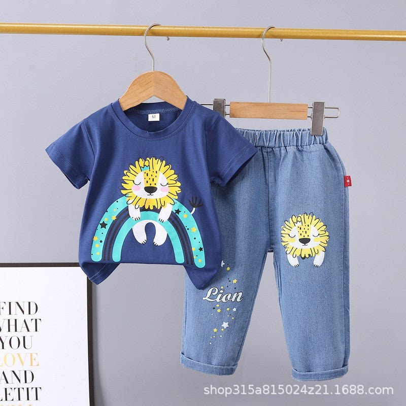 Summer new arrivals: toddler & kids' denim pants & cartoon print short sleeve two-piece set - multiple styles available