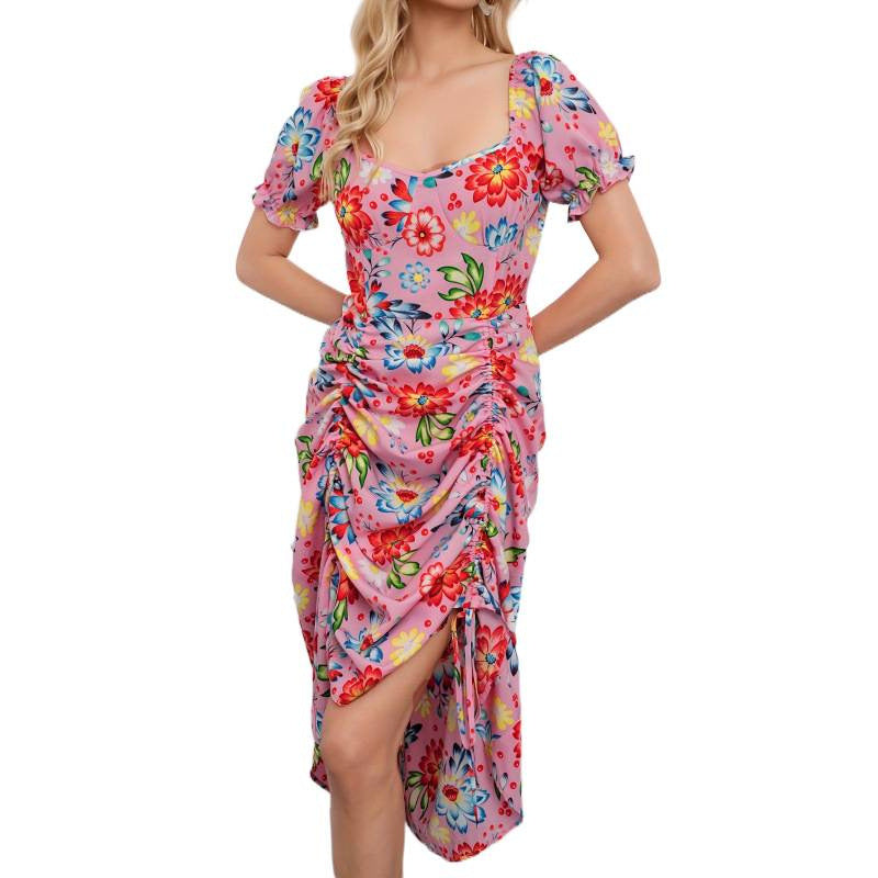listing: new  women's original elegant floral print drawstring hem dress