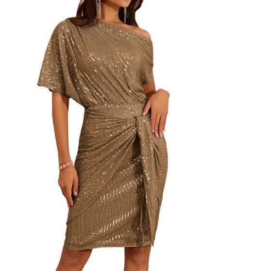 european and american cross-border women's beaded and sequined party club one-shoulder ruched evening gown fashion dress