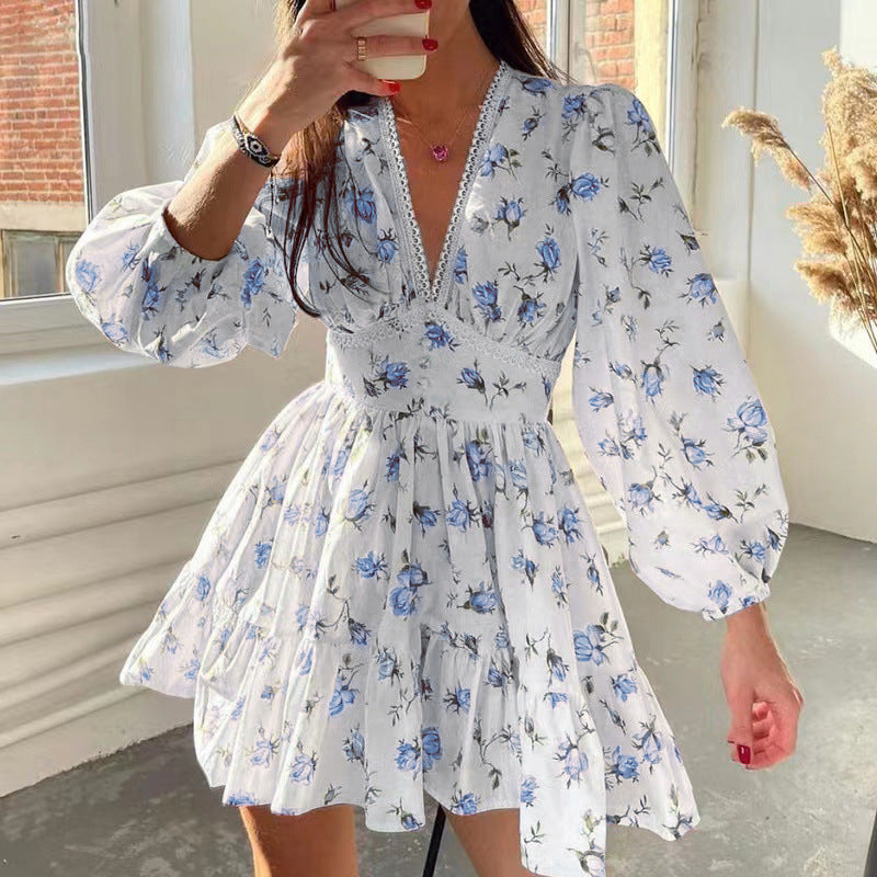 cross-border e-commerce women's fashion: european and american summer new arrivals - elegant and sweet printed v-neck lace mini dress