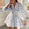 cross-border e-commerce women's fashion: european and american summer new arrivals - elegant and sweet printed v-neck lace mini dress