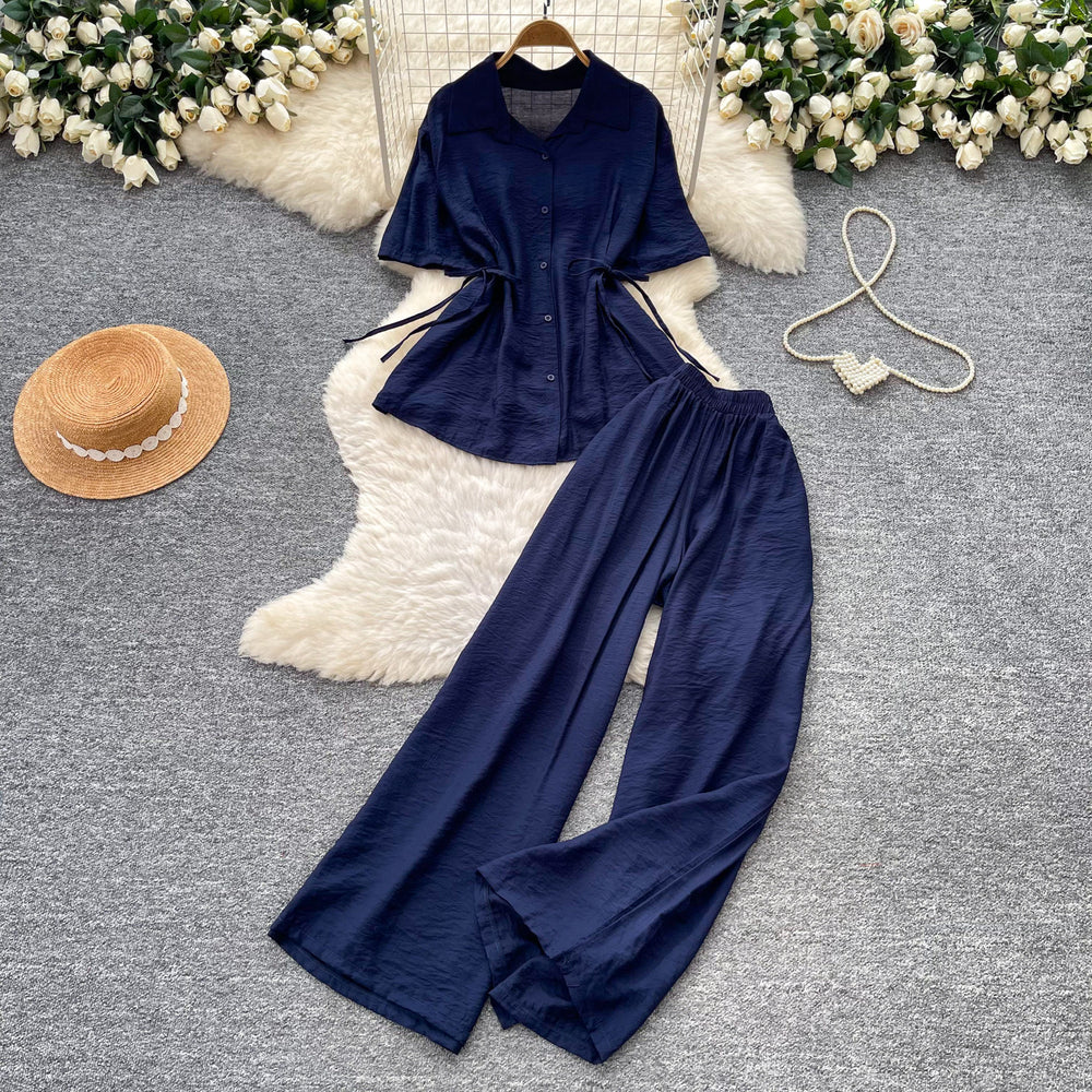 Lazy style pink shirt loose pantstwo-piece set women's summer light and breathable waist tie backfashionableelegantsuit