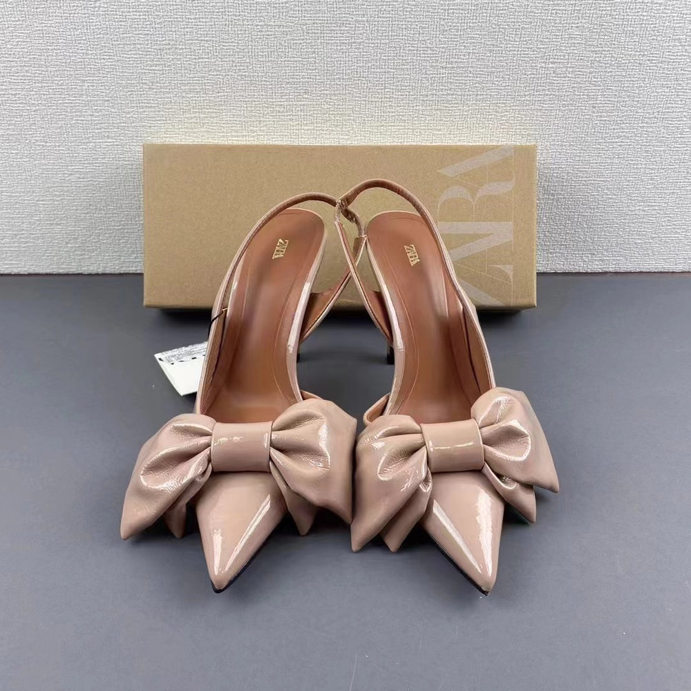 Spain 2024 summer new arrival: patent leather peep-toe mules with back strap, bow detail, and pointed toe high heels