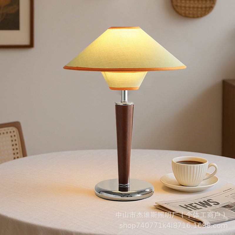 Vintage walnut double-layered conical fabric table lamp with linen shade - retro cream style for bedroom nightstand or study