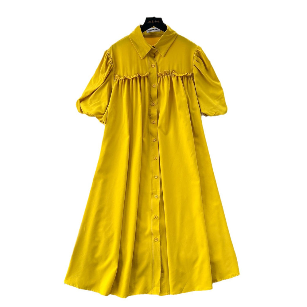 Lazy style dress women's korean style fashionsense of design lantern sleeves pleated single-breasted slimming lookloose shirt skirt