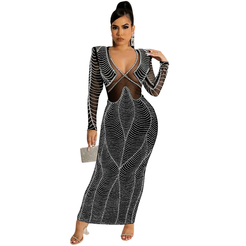 C5912   fashion sexy nightclub hot diamond mesh see-through v neck long sleeves long skirt dress women