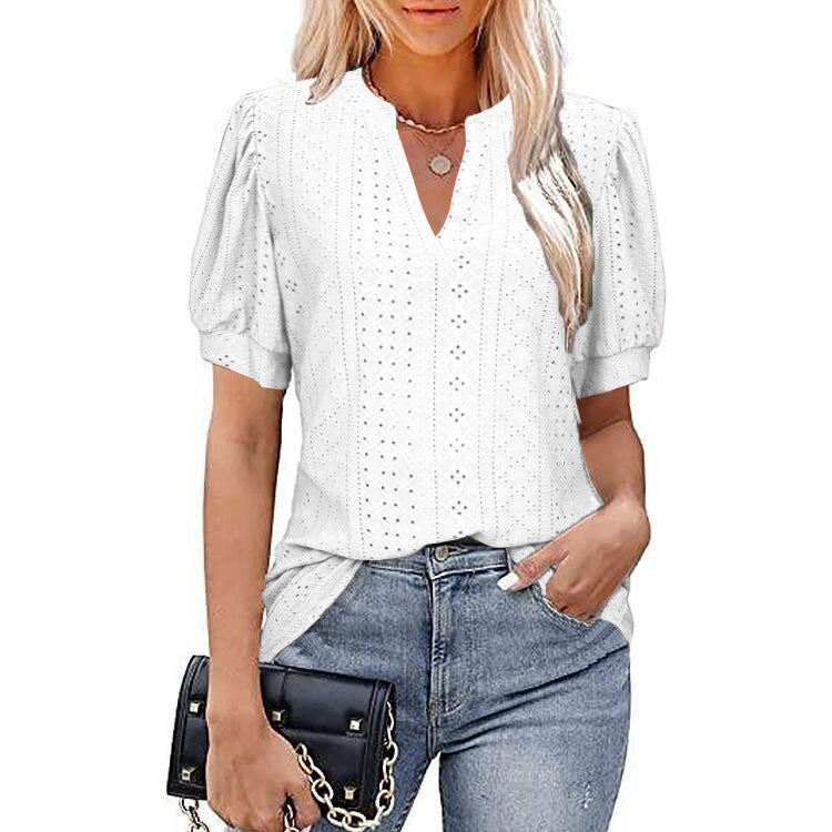 European and american cross-border e-commerce   spring/summer casual v-neck solid color cutout puff sleeve loose t-shirt