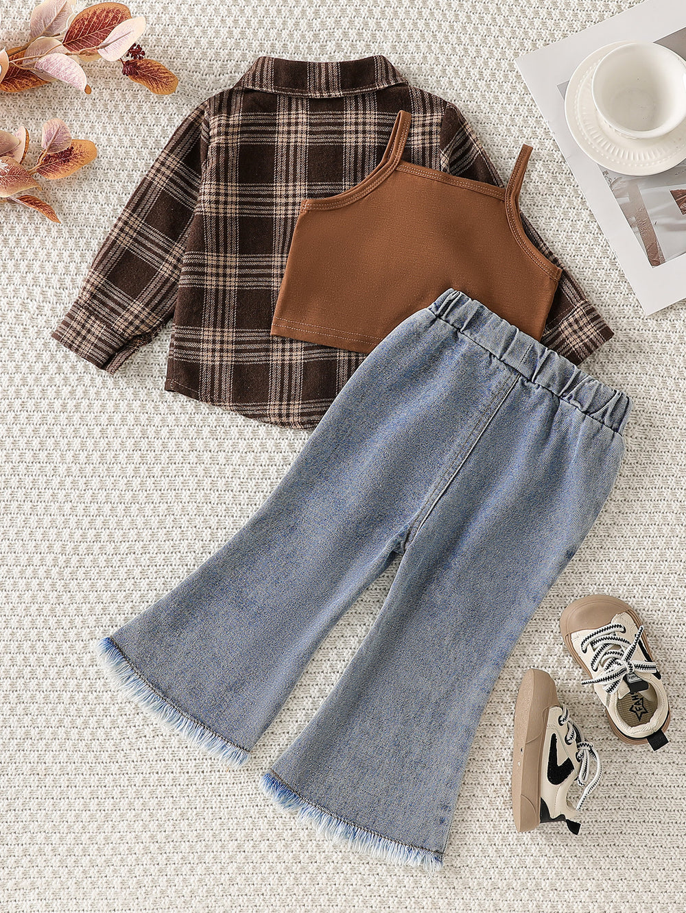 cross-border fashion "maillard" plaid shirt, flare jeans, and camisole three-piece set