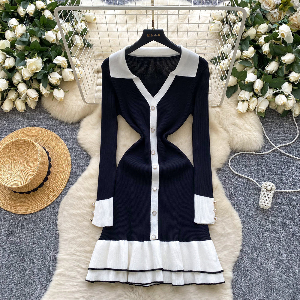 Frenchretrocontrast colorpolo collarlong sleeves single breasted silmdress women's waistelegantrufflessweater skirt